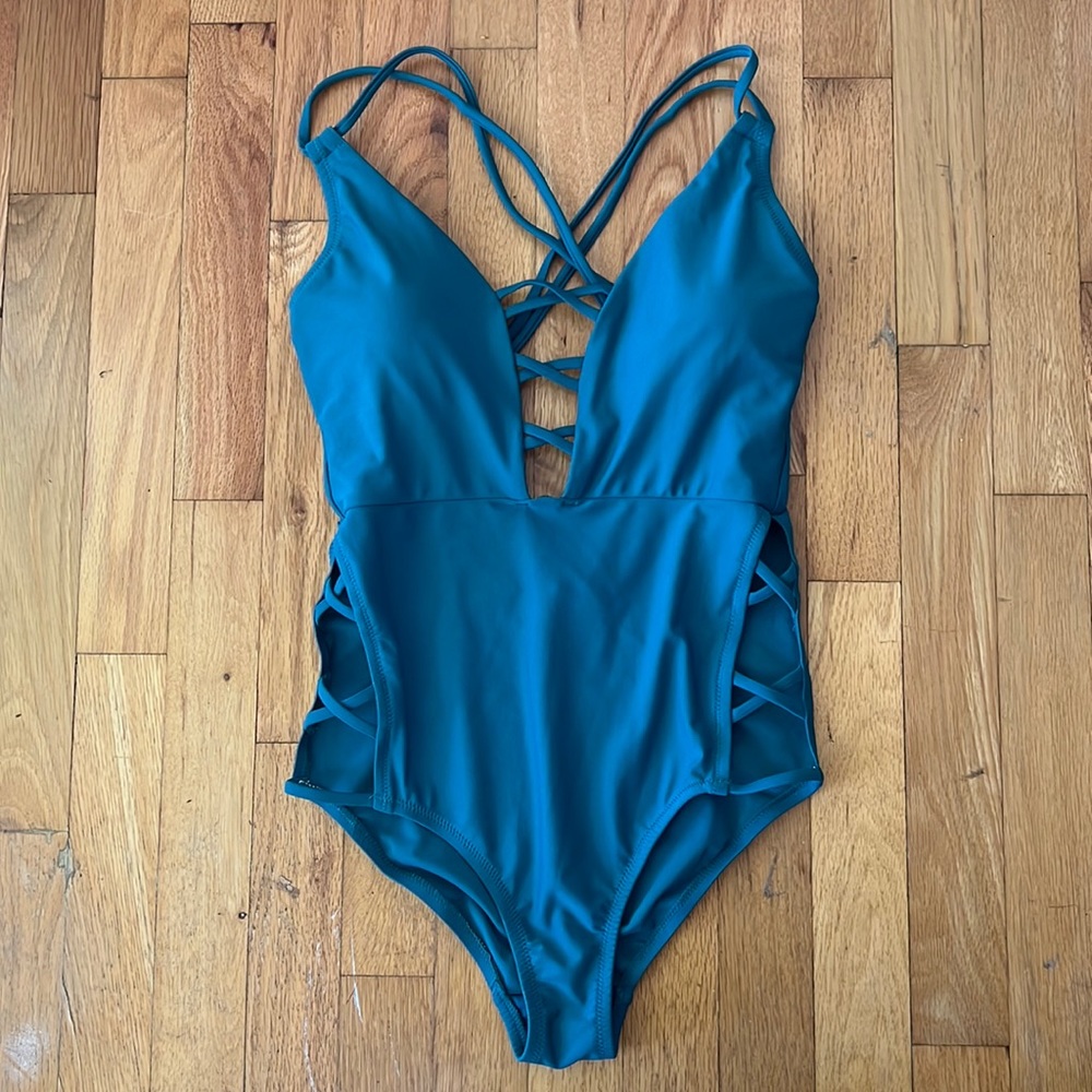 Teal Jessica Simpson Strappy Cut Out Sexy One Piece Swimsuit